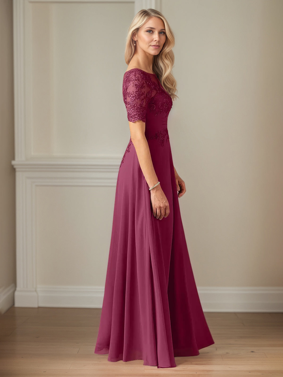 A-Line Chiffon Scoop Neck Short Sleeves Floor-Length Mother of the Bride Dresses With Appliques - View 3 | FashionDia