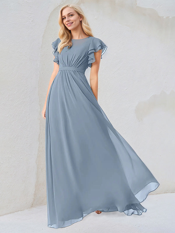Dusty Blue A-Line Round Neck Floor-Length Chiffon Bridesmaid Dress With Ruffles - View 3 | FashionDia