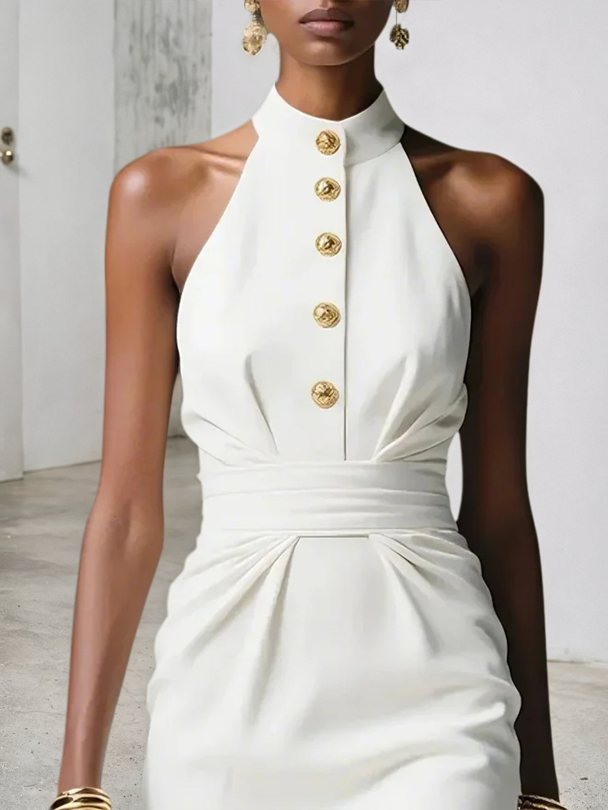 White Buckle Ruched Classic Halter Sleeveless Sheath Midi Dress - View 2 | FashionDia