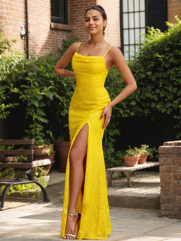 Radiant Daffodil Spaghetti Strap Sequin Gown with High Slit - View 3 | FashionDia