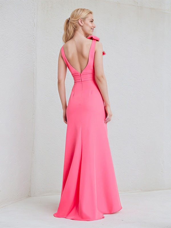 Hot Pink Chiffon V-Neck Floor-Length Bridesmaid Dress With Bow - View 2 | FashionDia