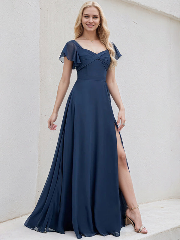 Navy Blue Chiffon A-Line V-Neck Short Sleeves Floor-Length Bridesmaid Dress - View 3 | FashionDia