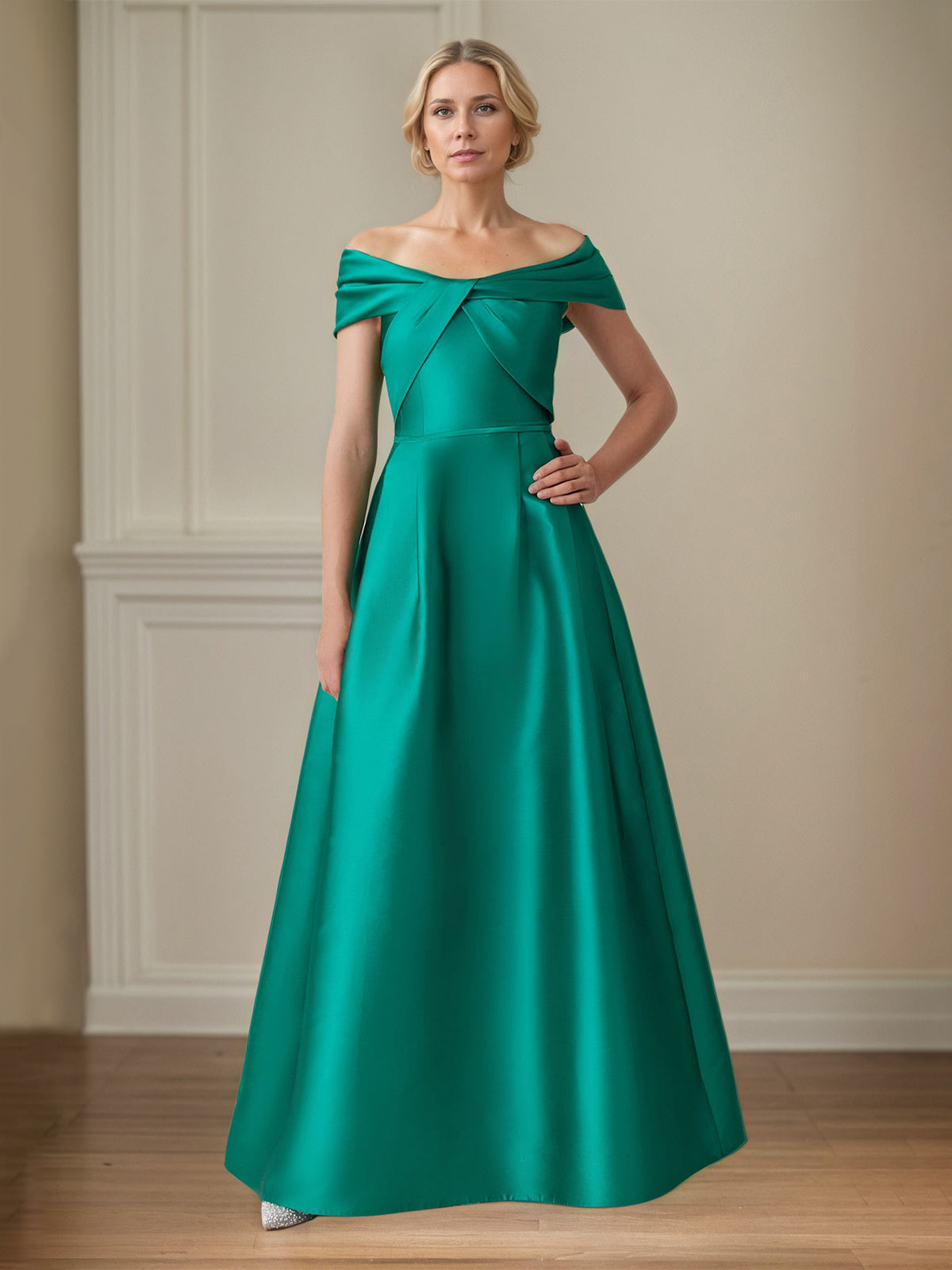 Jade Satin A Line Off The Shoulder Floor Length Mother of the Bride Dresses