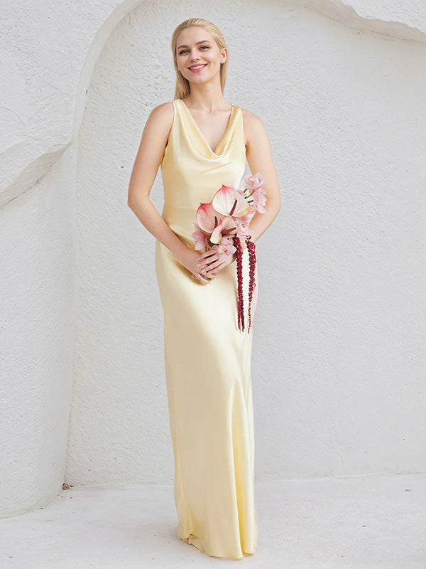 Champagne Satin Sheath/Column V Neck Floor Length Bridesmaid Dress