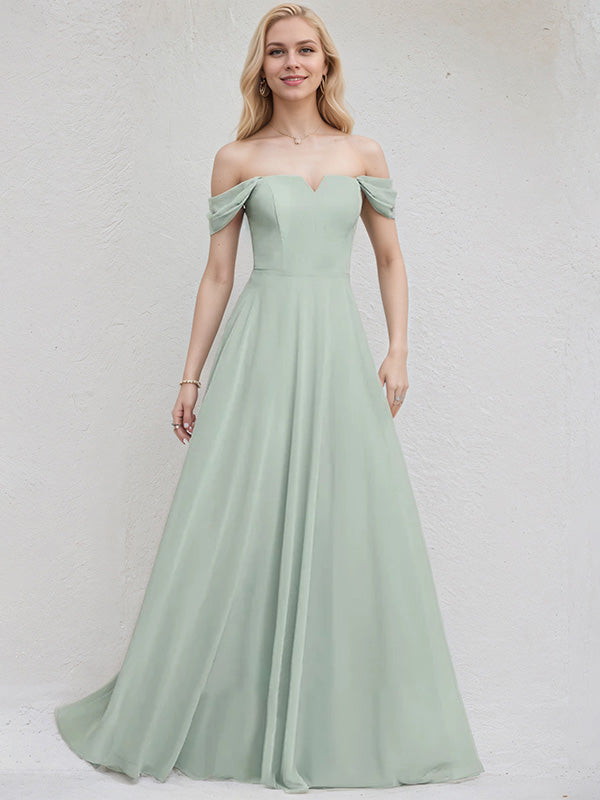 Agave Chiffon A Line Off the Shoulder Sleeveless Floor Length Bridesmaid Dress