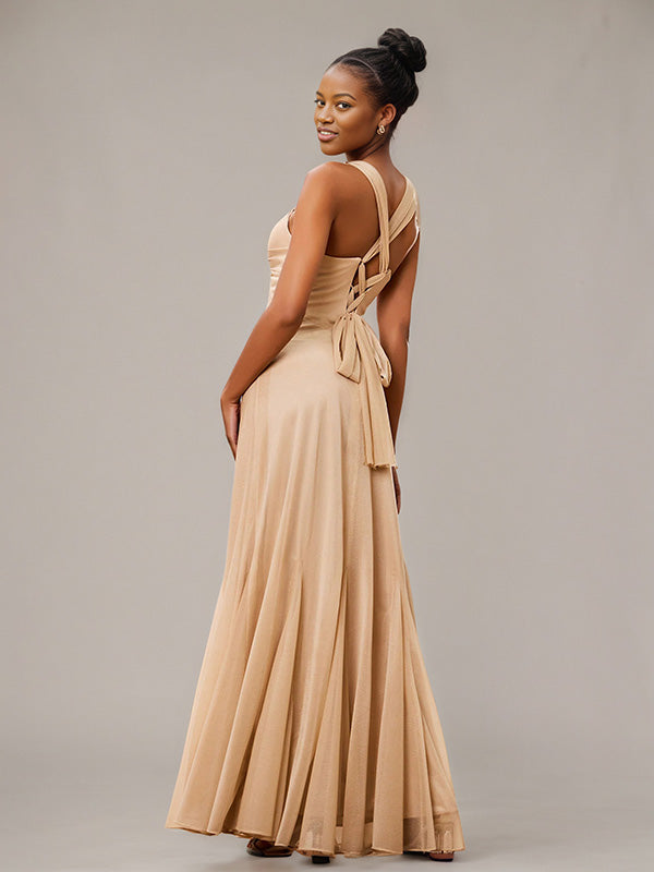 Champagne Trumpet/Mermaid Chiffon V Neck Sleeveless Floor-Length Bridesmaid Dresses