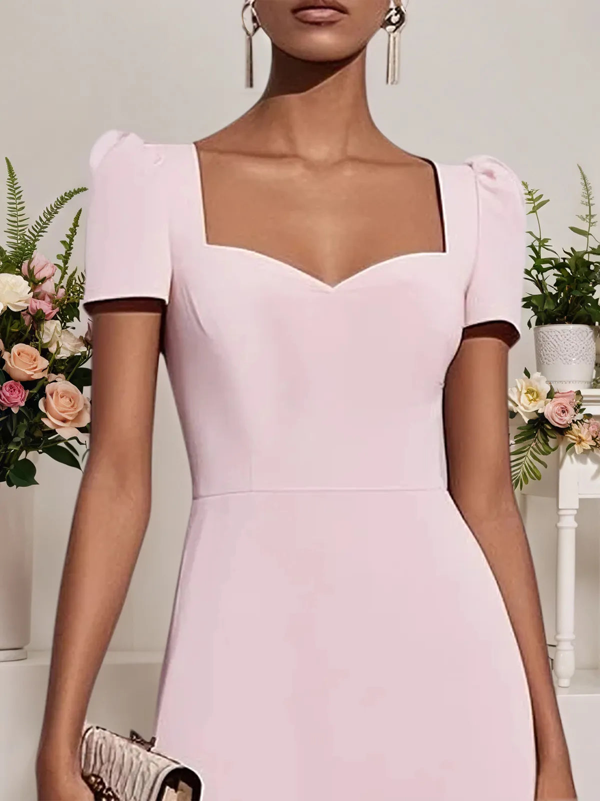 Pink Rhinestone Classic Sweetheart Neckline Short Sleeve A-Line Maxi Dress - View 2 | FashionDia