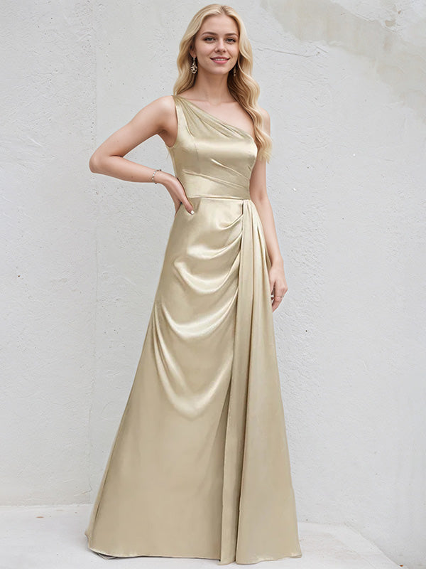 Champagne Satin A Line One Shoulder Sleeveless Floor Length Bridesmaid Dress
