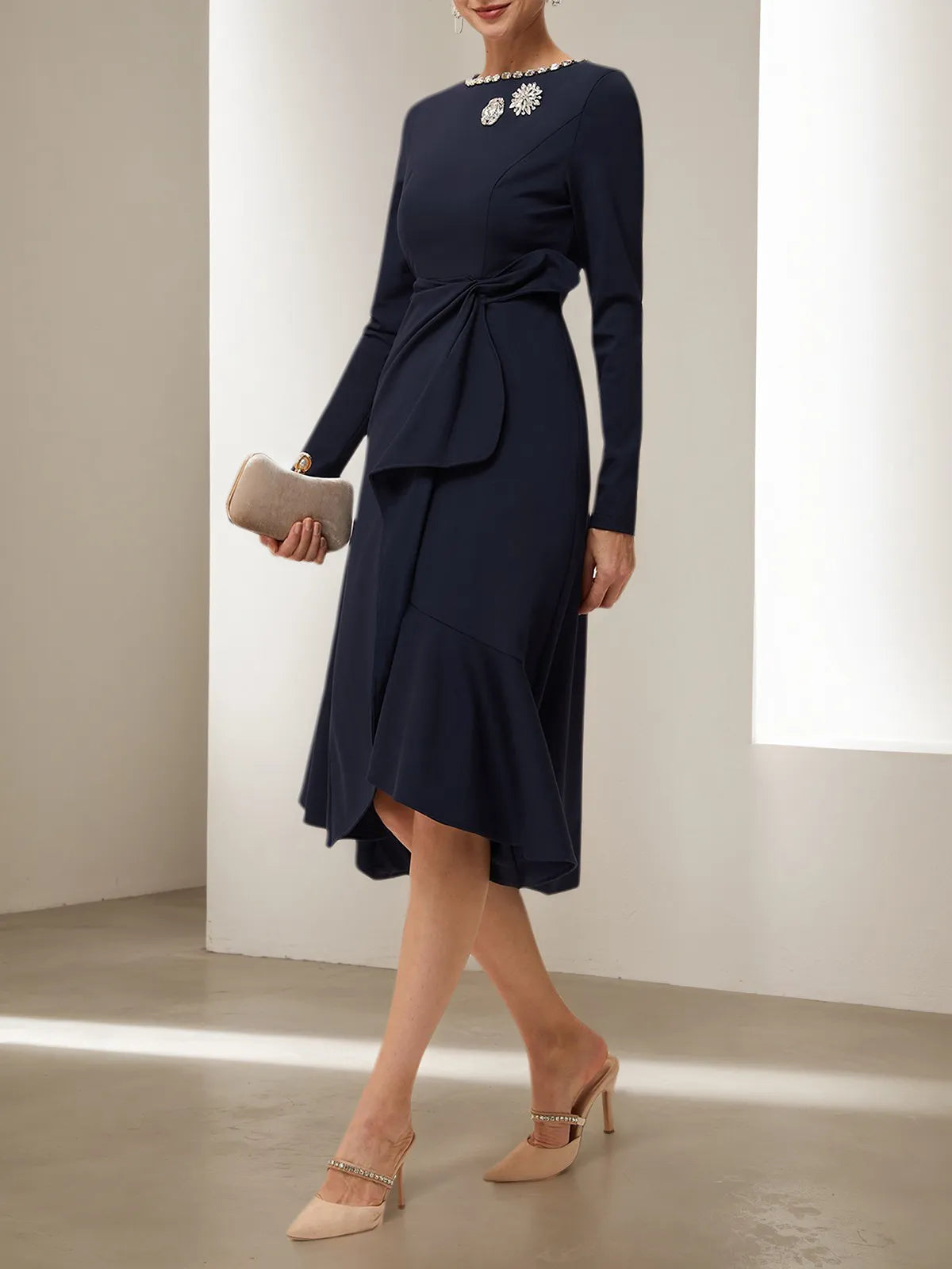 Navy Blue Rhinestone A-Line Midi Dress