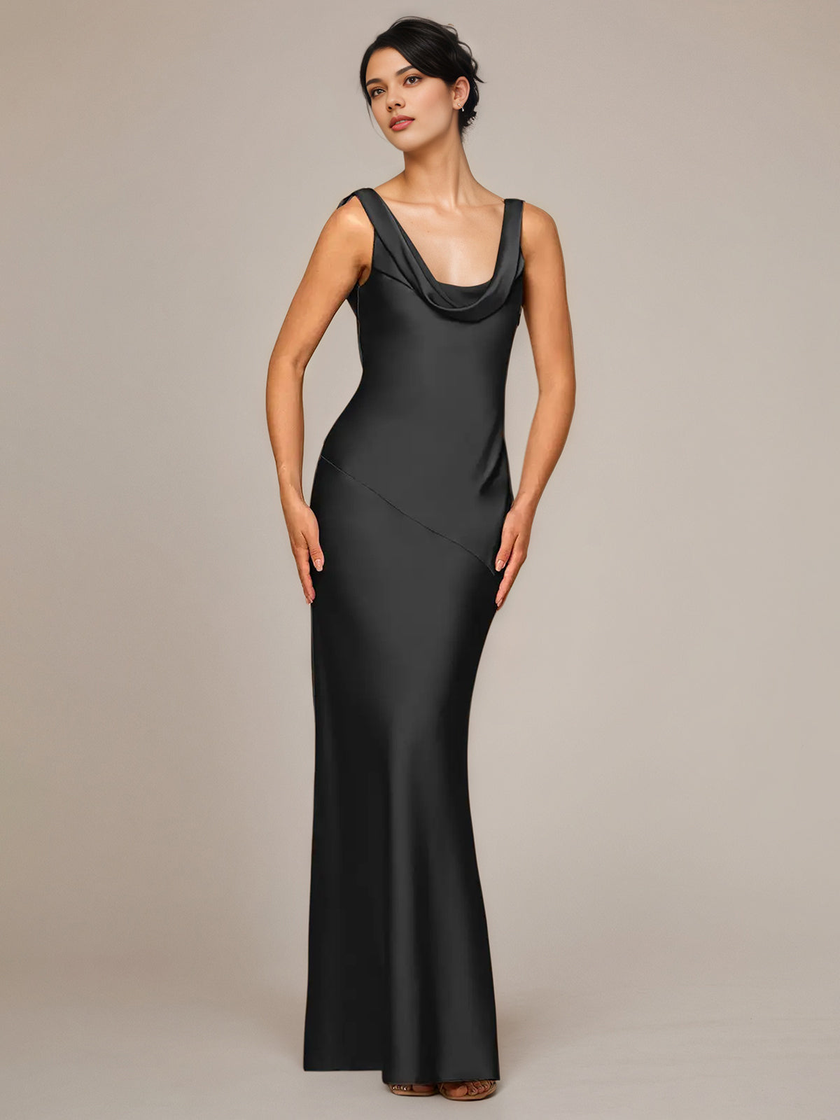 Black Satin Sheath/Column Cowl Neckline Sleeveless Floor-Length Bridesmaid Dress - View 3 | FashionDia