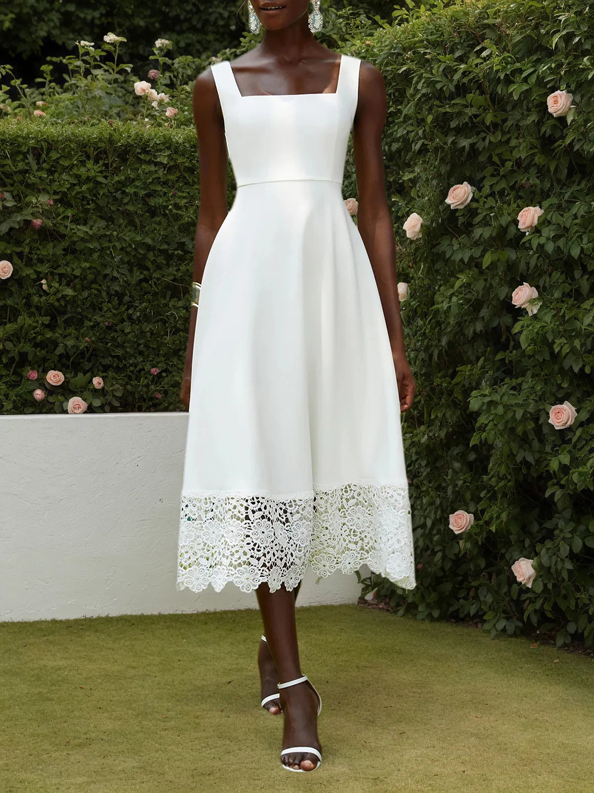 White Lace Classic Square Neck Sleeveless A-Line Tea-Length Dress - View 3 | FashionDia