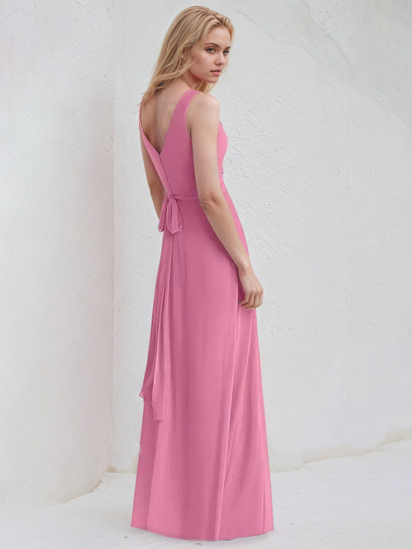 Orchid Pink Chiffon A Line V Neck Sleeveless Floor Length Bridesmaid Dress