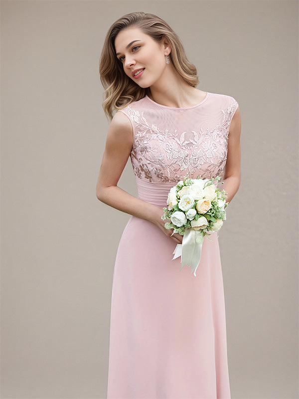 Petal A-Line Chiffon Scoop Neck Sleeveless Floor-Length Bridesmaid Dresses With Appliques - View 4 | FashionDia