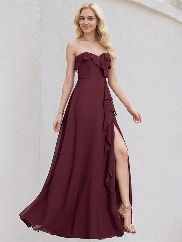 Cabernet Chiffon A Line Sweetheart Sleeveless Floor Length Bridesmaid Dress