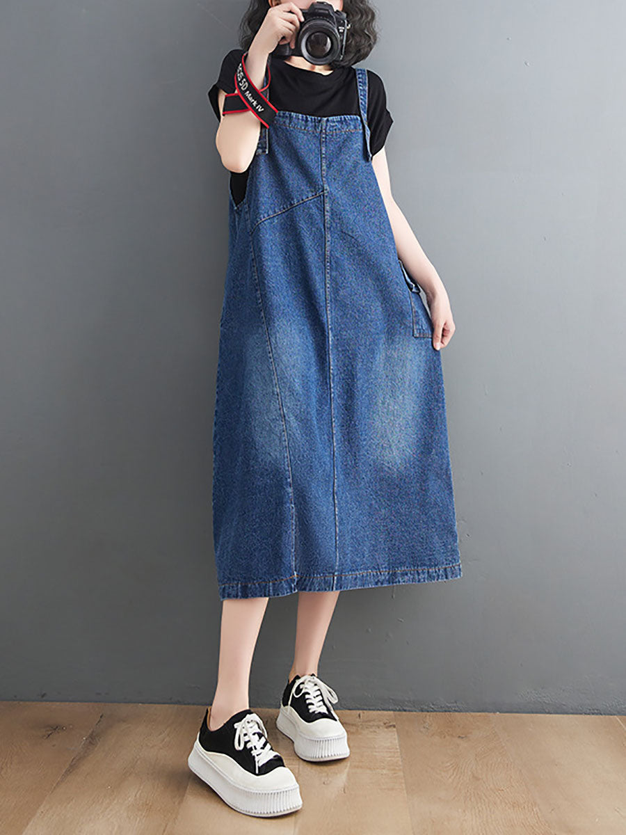 Women Summer Casual Washed Spliced Denim Overall Dress