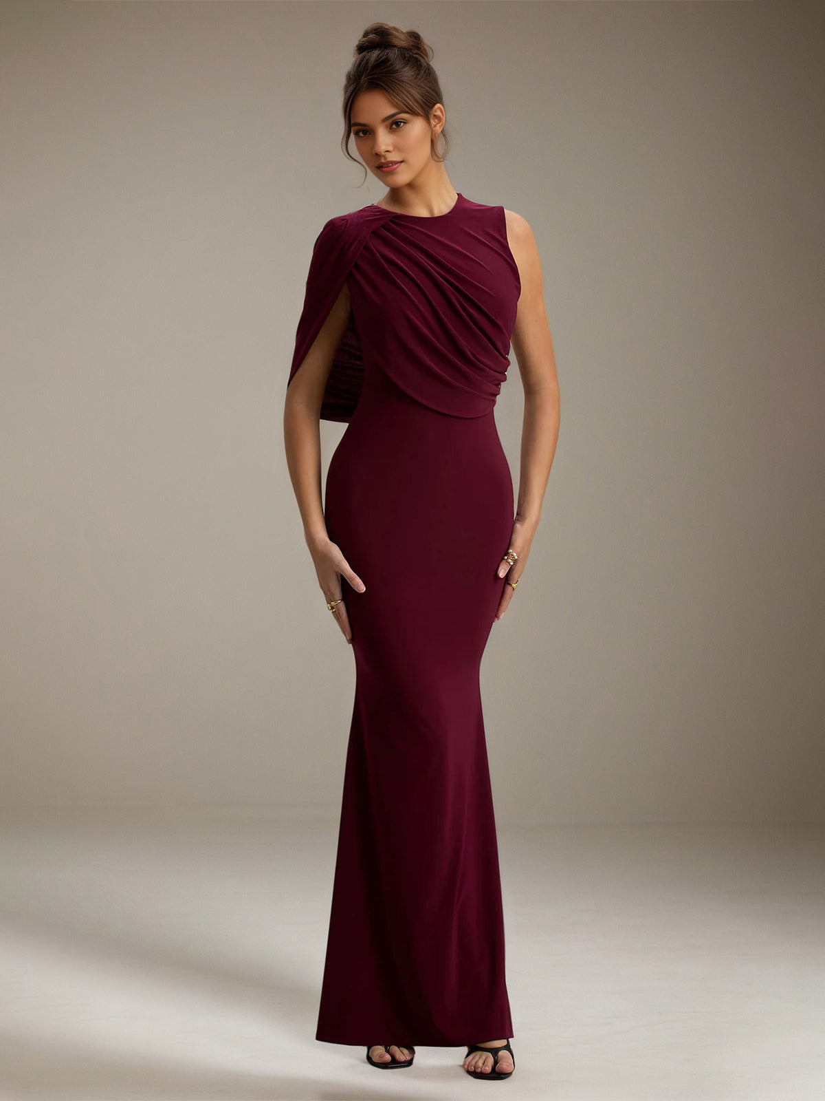 Burgundy Chiffon Sheath/Column Scoop Neck Sleeveless Floor Length Bridesmaid Dresses