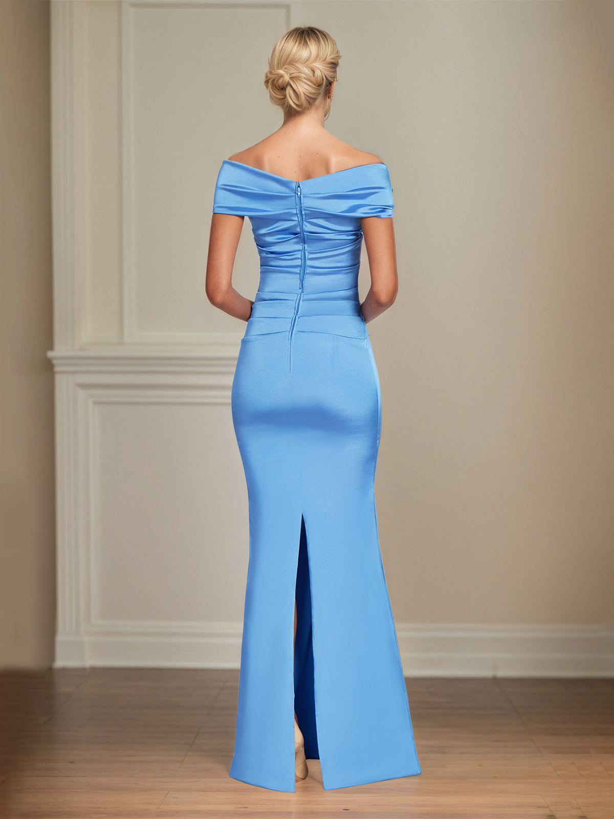Periwinkle Satin Sheath/Column Off The Shoulder Floor Length Mother of the Bride Dresses