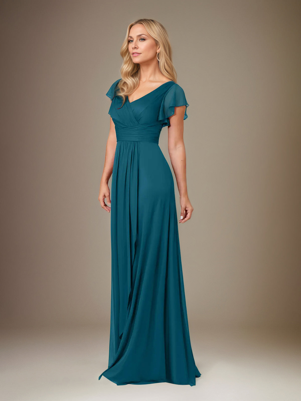 A-Line Chiffon V-Neck Short Sleeves Floor-Length Mother of the Bride Dresses With Ruffles - View 3 | FashionDia