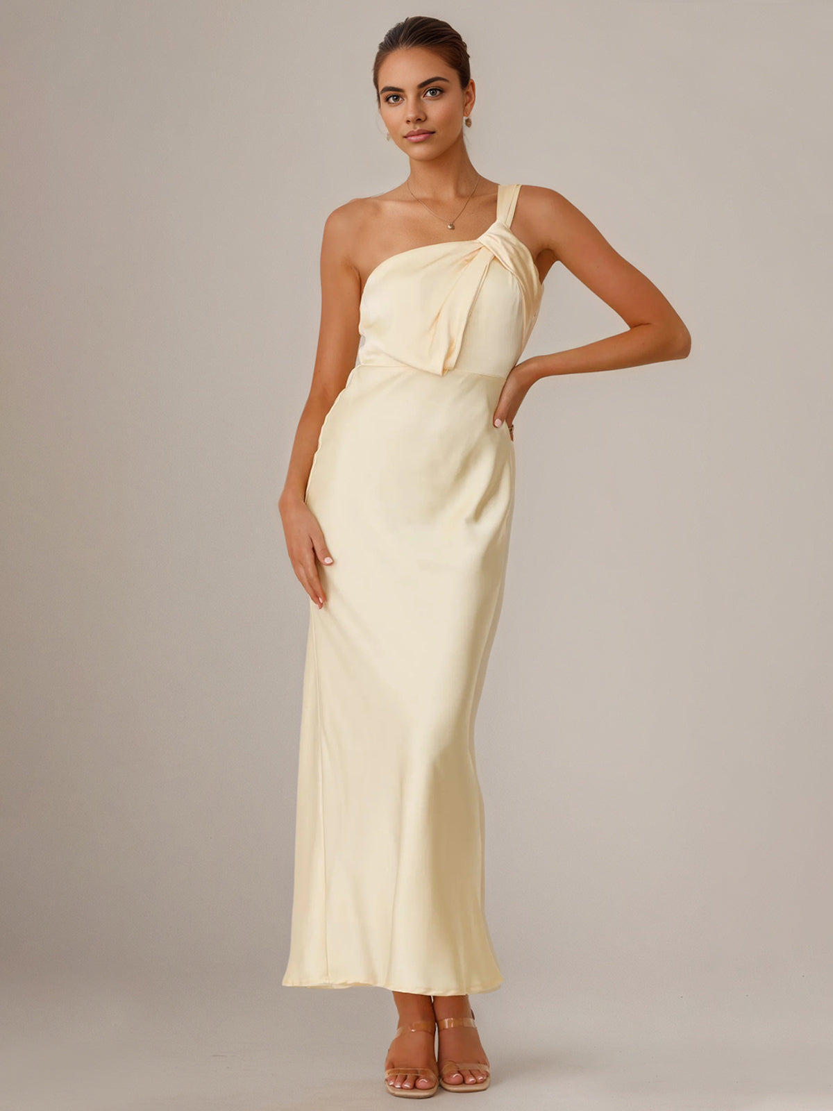 Yellow Satin Sheath/Column One-Shoulder Ankle Length Bridesmaid Dresses - View 3 | FashionDia