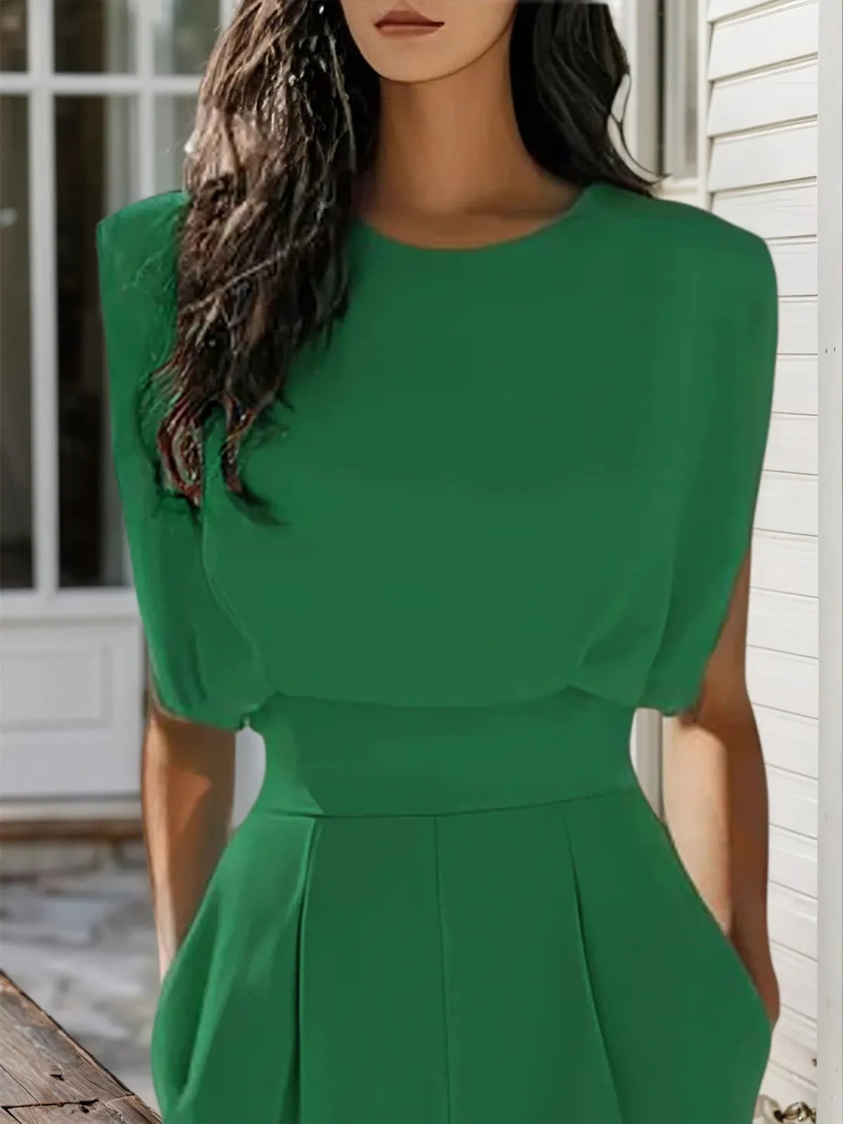 Women Green Crew Neck Sleeveless Dressy Jumpsuit