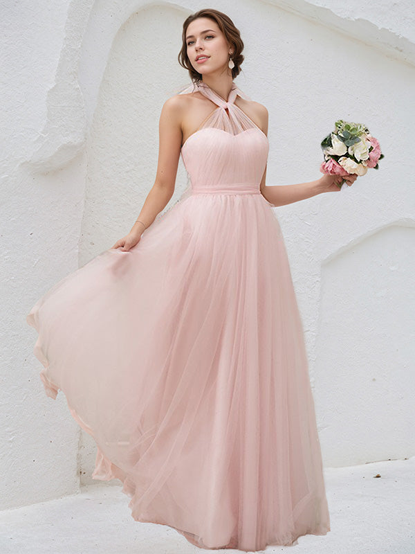 Pink Tulle A-Line Halter Neck Sleeveless Floor-Length Bridesmaid Dress - View 4 | FashionDia