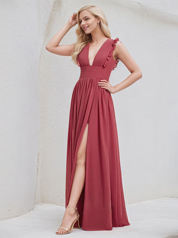 Cinnamon Rose Chiffon A Line V Neck Sleeveless Floor Length Bridesmaid Dress