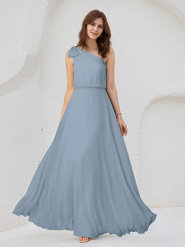 Dusty Blue Chiffon A Line One Shoulder Sleeveless Floor Length Bridesmaid Dresses