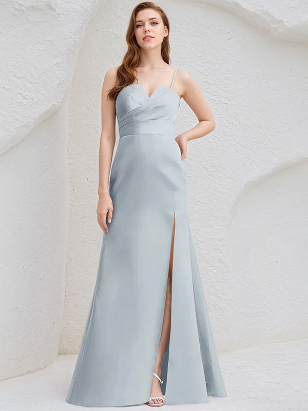Ice Blue Satin A Line Spaghetti Straps Sleeveless Floor Length Bridesmaid Dress