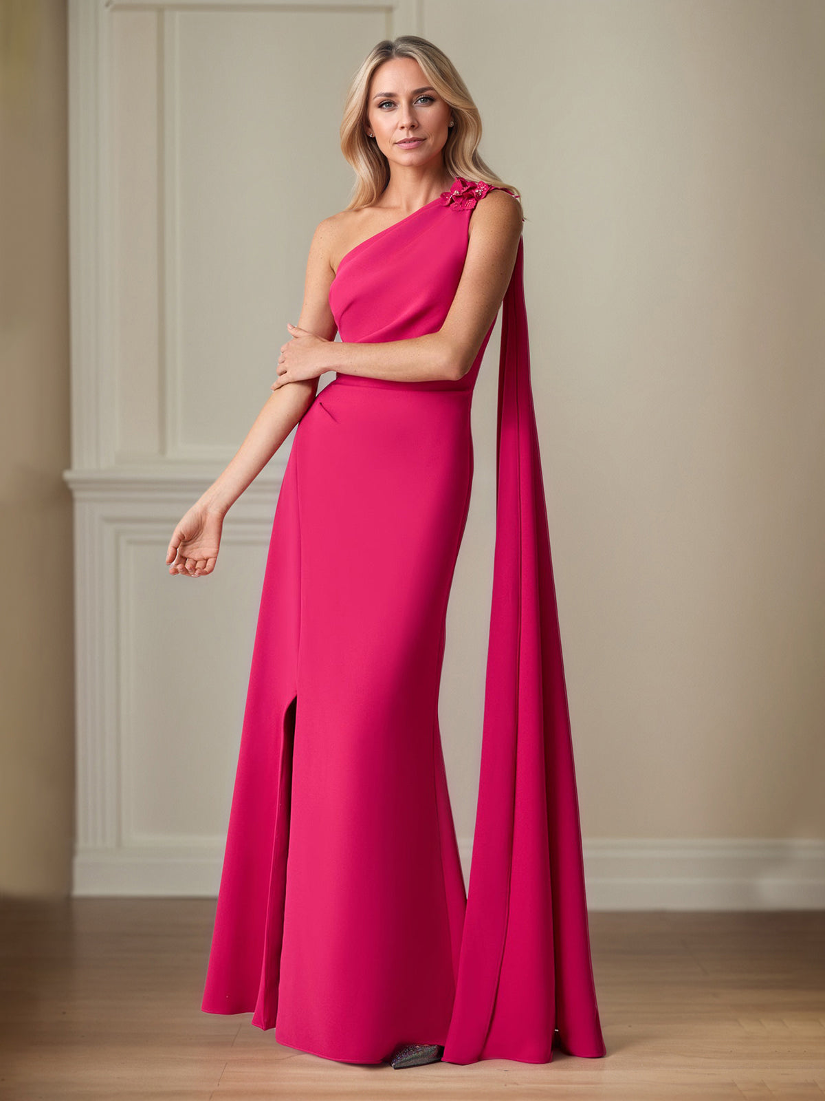 Lipstick Stretch Crepe Sheath/Column One-Shoulder Floor-Length Mother of the Bride Dresses - FashionDia
