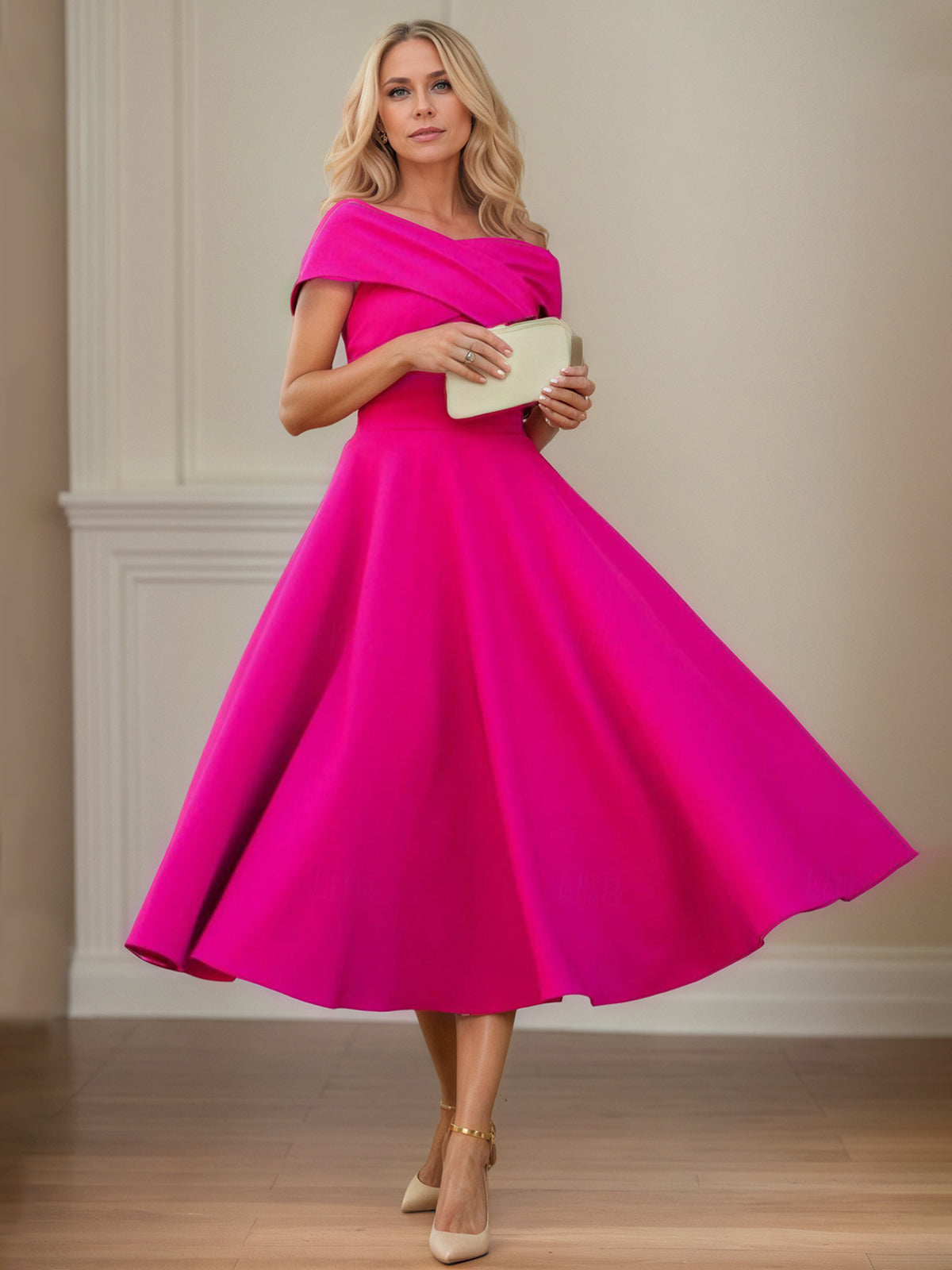 Fuchsia Stretch Crepe A-Line Off-the-Shoulder Short Sleeves Tea-Length Mother of the Bride Dresses - View 3 | FashionDia