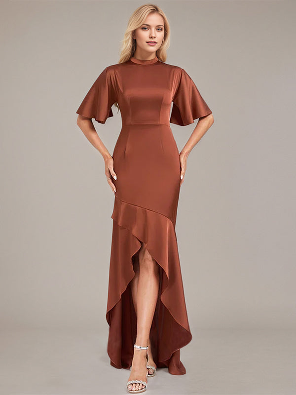 Trumpet/Mermaid High Neck Short Sleeves Asymmetrical Satin Bridesmaid Dress