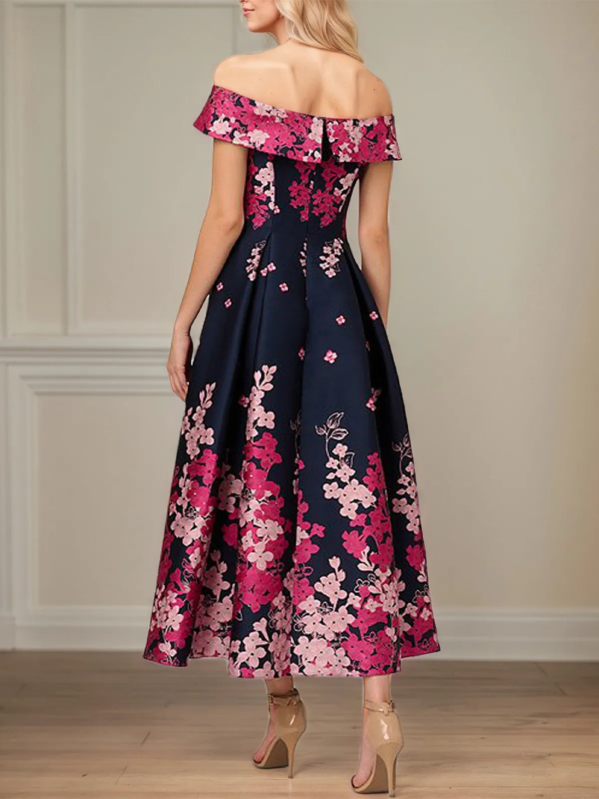 A-Line Off-the-Shoulder Ankle Length Satin Floral Mother of the Bride Dress - View 2 | FashionDia