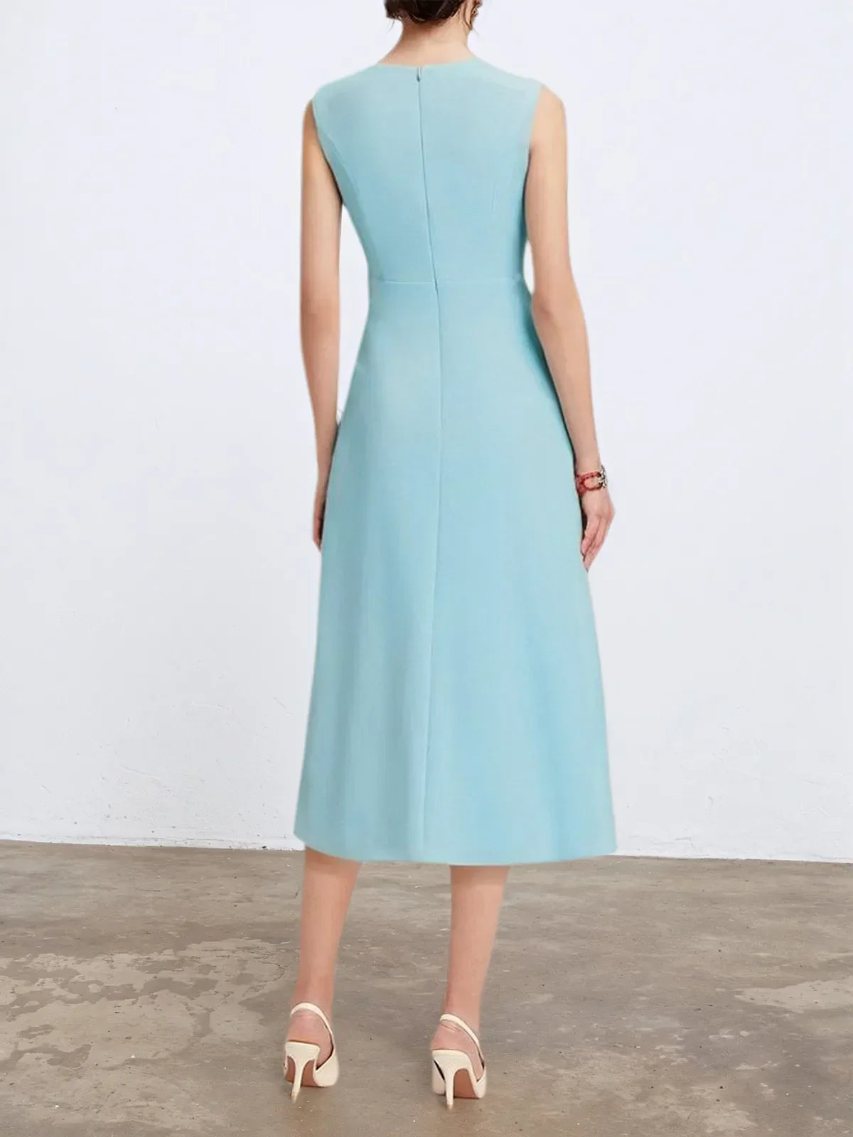 Light Blue Sleeveless Midi Elegant A-line Dress with Waist Twist for Day-to-Night - View 2 | FashionDia