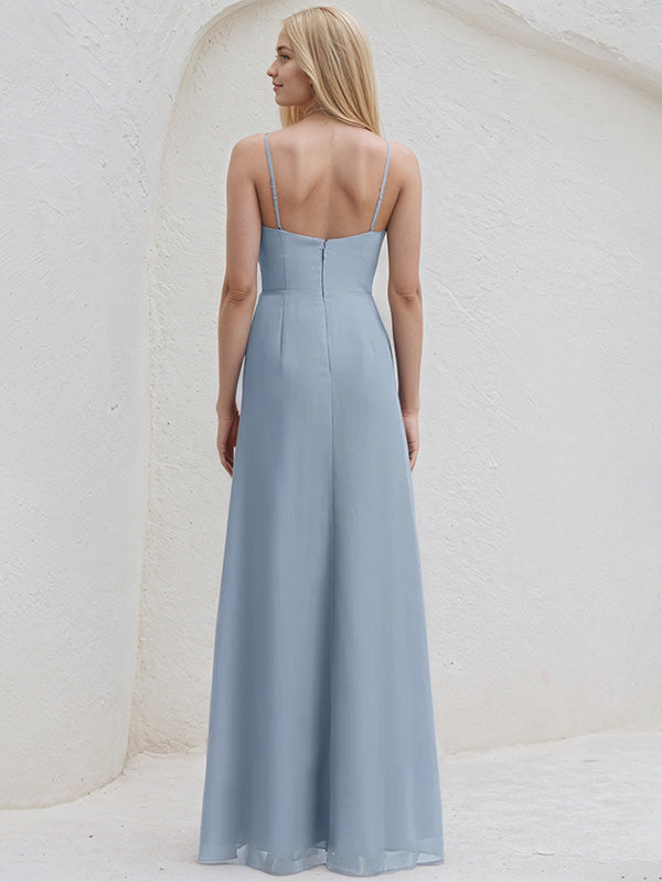 Dusty Blue Chiffon A-Line Spaghetti Straps Sleeveless Floor-Length Bridesmaid Dress With Slit - View 2 | FashionDia