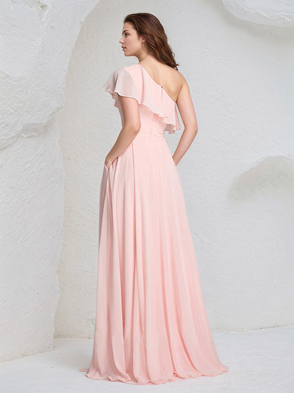 Pink Chiffon A-Line One Shoulder Floor-Length Sleeveless Bridesmaid Dress With Ruffles