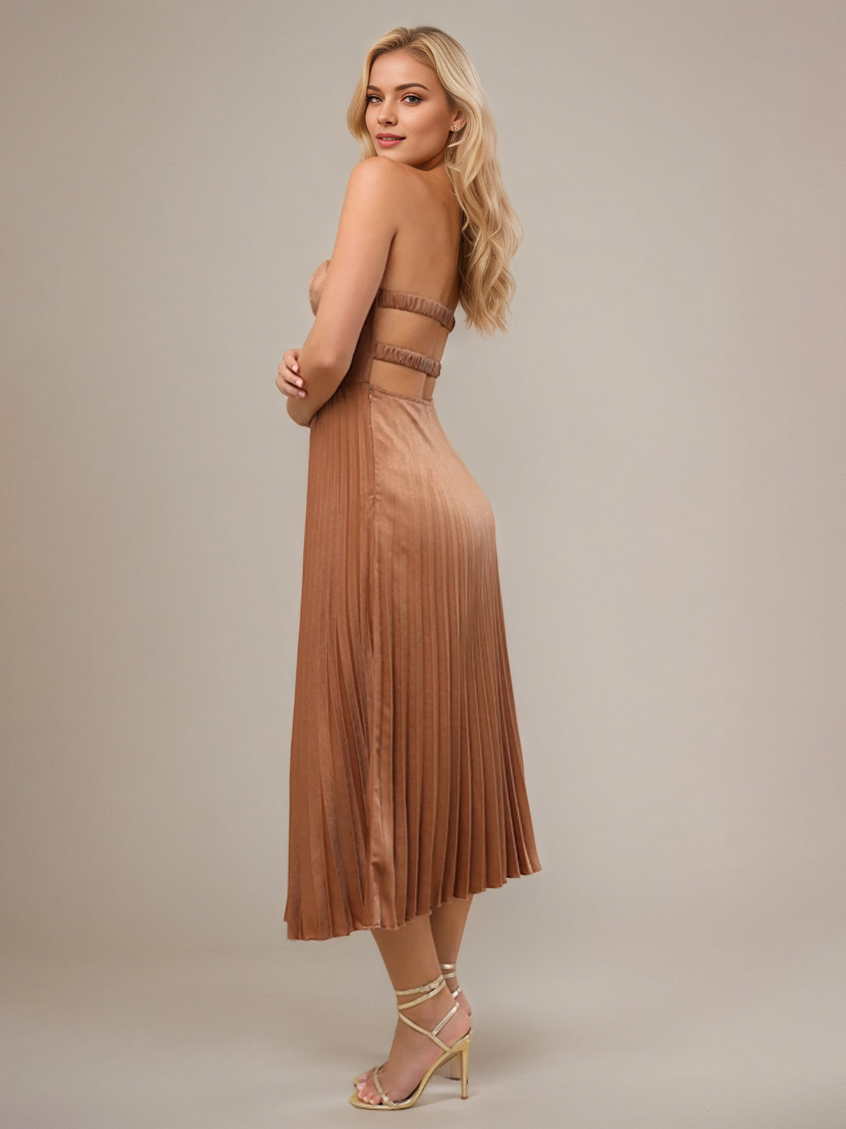 Light Brown Satin A Line Sweetheart Sleeveless Tea Length Bridesmaid Dress