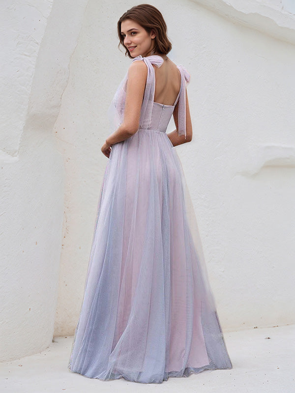 Pink Tulle A-Line Spaghetti Straps Sleeveless Floor-Length Bridesmaid Dress With Applique - View 2 | FashionDia