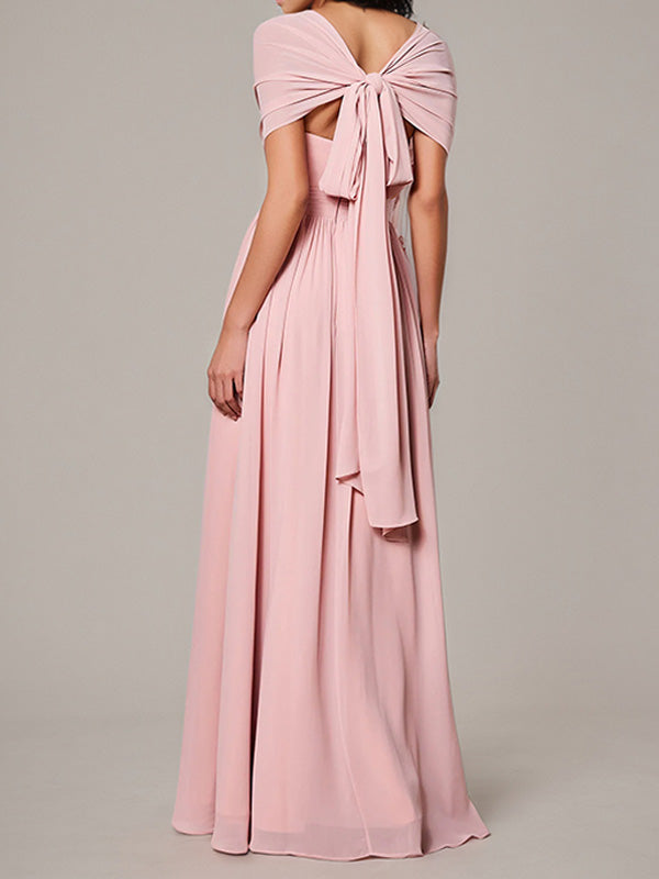 Petal A Line Chiffon V Neck Short Sleeves Floor-Length Bridesmaid Dresses