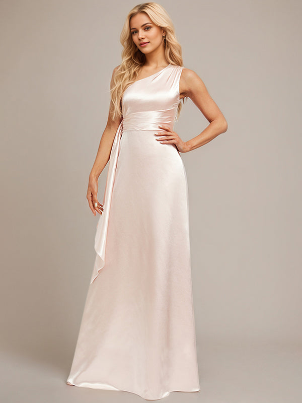 Blushing Pink A-Line One Shoulder Floor-Length Satin Bridesmaid Dress With Ruffle
