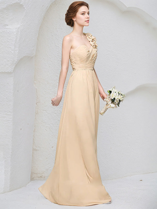 Champagne Chiffon A Line One Shoulder Sleeveless Floor Length Bridesmaid Dress With 3D Floral Ruffle