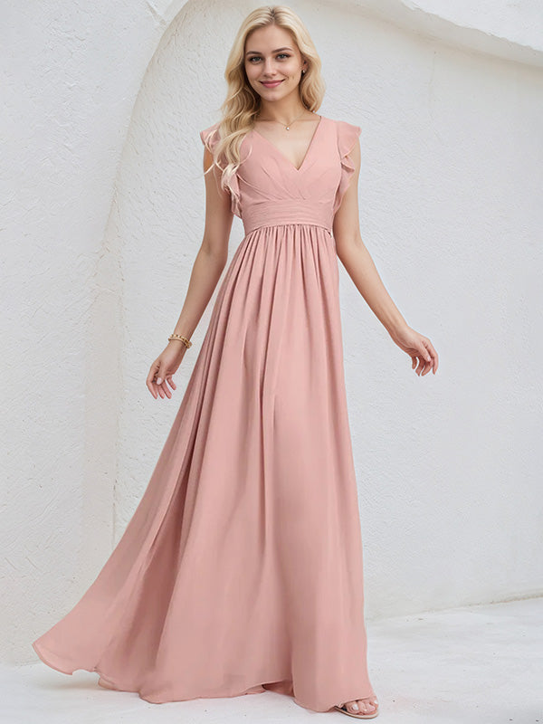 Dusty Rose Chiffon A-Line V-Neck Sleeveless Floor-Length Bridesmaid Dress With Ruffle - View 3 | FashionDia