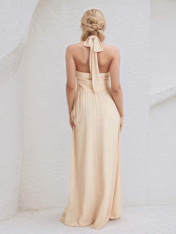Champagne Chiffon A Line Halter Neck Floor Length Bridesmaid Dress