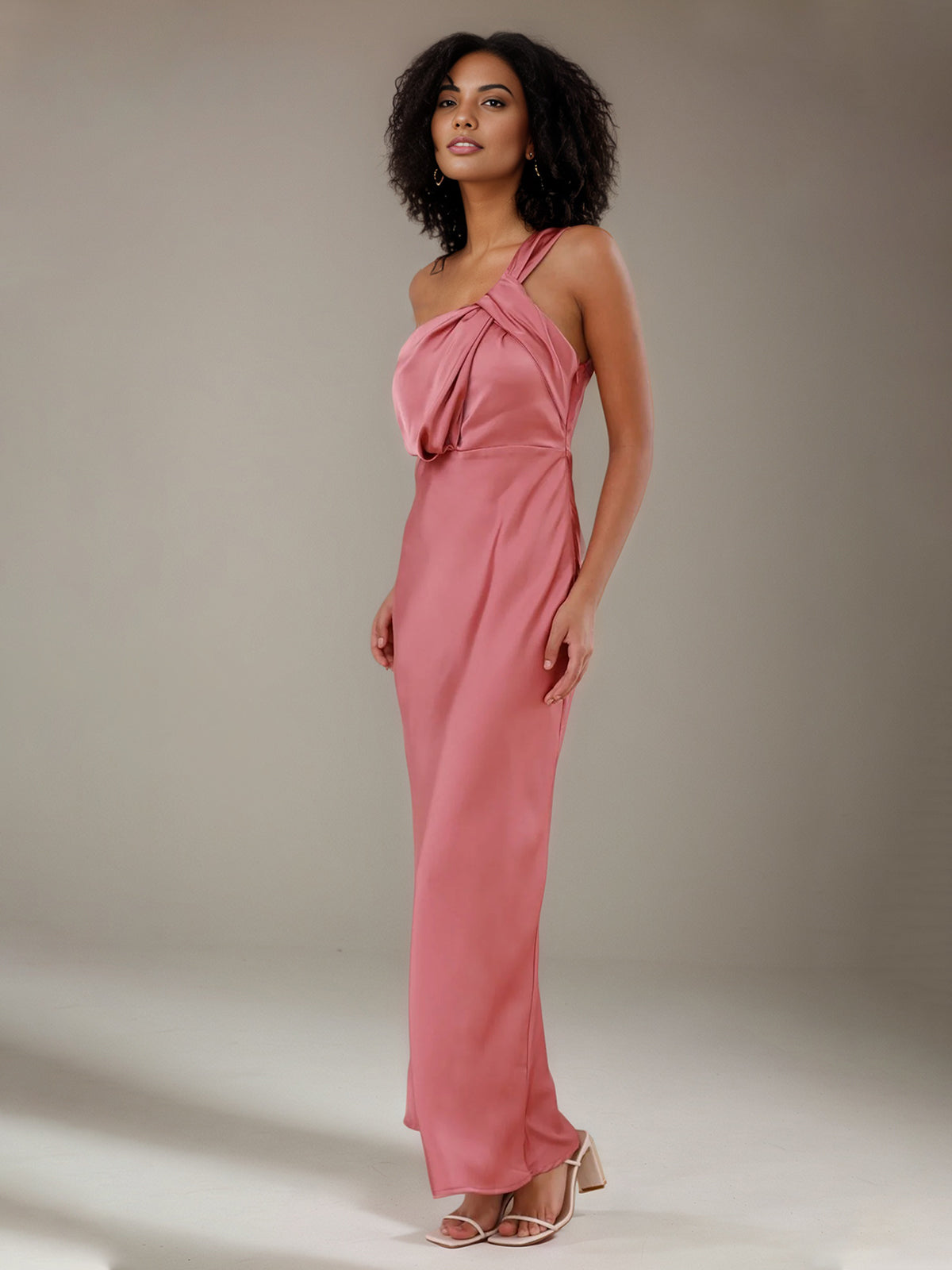 Rose Pink Satin Sheath/Column One Shoulder Ankle Length Bridesmaid Dresses
