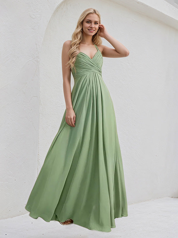 Basil A-Line V-Neck Floor-Length Chiffon Bridesmaid Dress With Ruffle