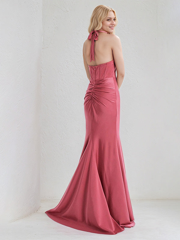 Rose Satin Sheath/Column Halter Neck Sleeveless Floor Length Bridesmaid Dress