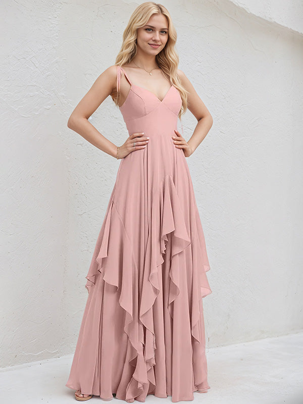 Dusty Rose Chiffon A Line Spaghetti Straps Floor Length Bridesmaid Dress With Cascading Ruffles