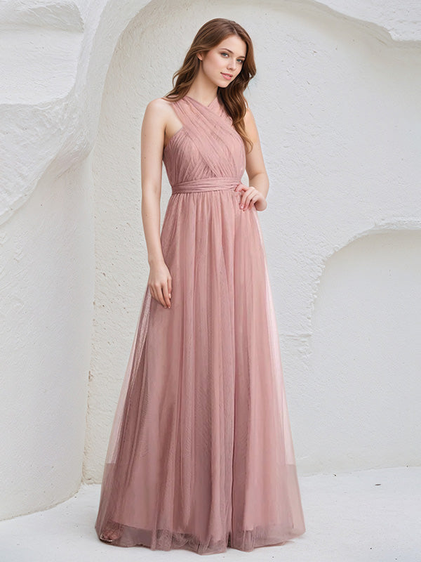 Dusty Rose A-Line Halter Neck Floor-Length Tulle Bridesmaid Dress
