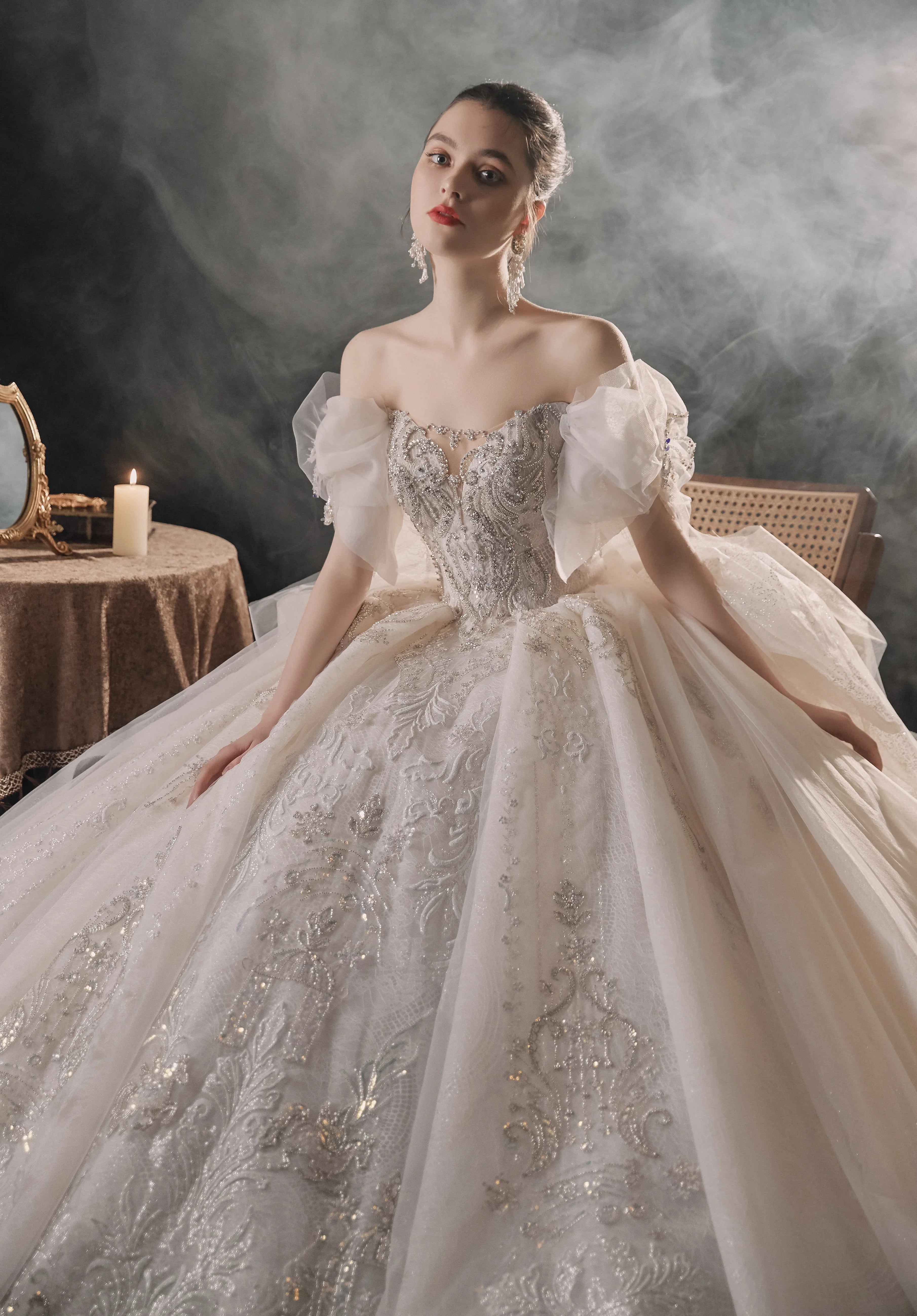 Elegant Off-the-Shoulder Ball Gown Sweetheart Neckline Tulle Puff Sleeve Beaded Lace Wedding Dress with Scalloped Train E-306 (ZD16885) - View 3 | VelvetHem
