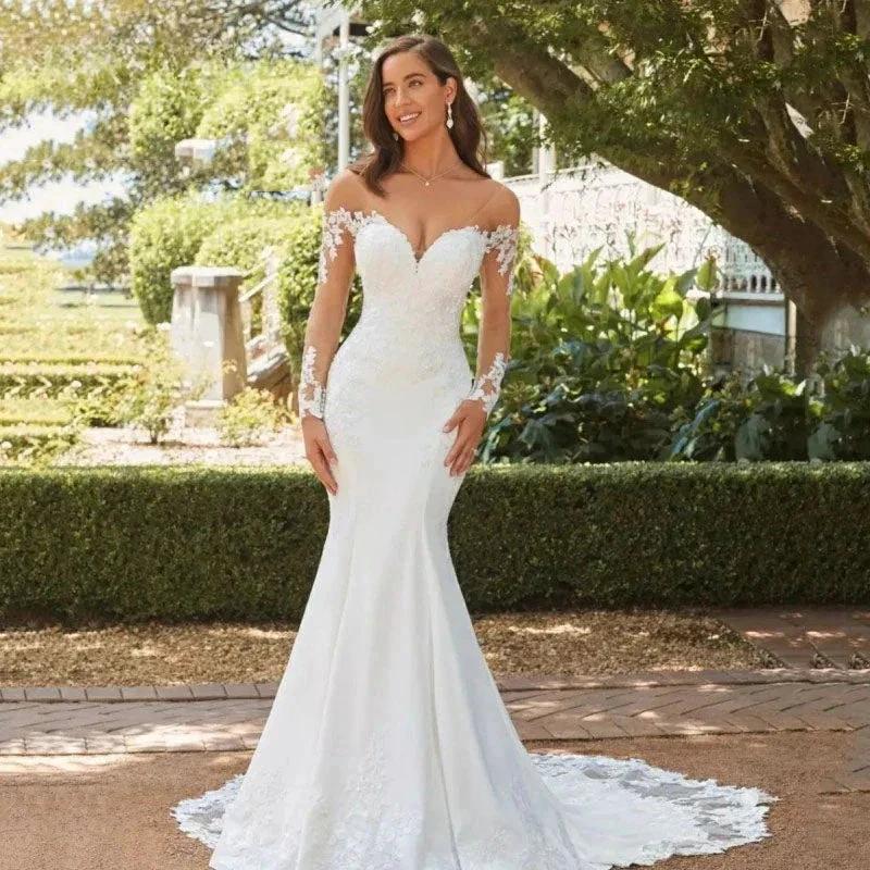 Mermaid Wedding Dresses For Women Sexy Backless Sweet Heart Bridal Gown White Lace Long Sleeve A-Line Vestidos De Novia by payinti