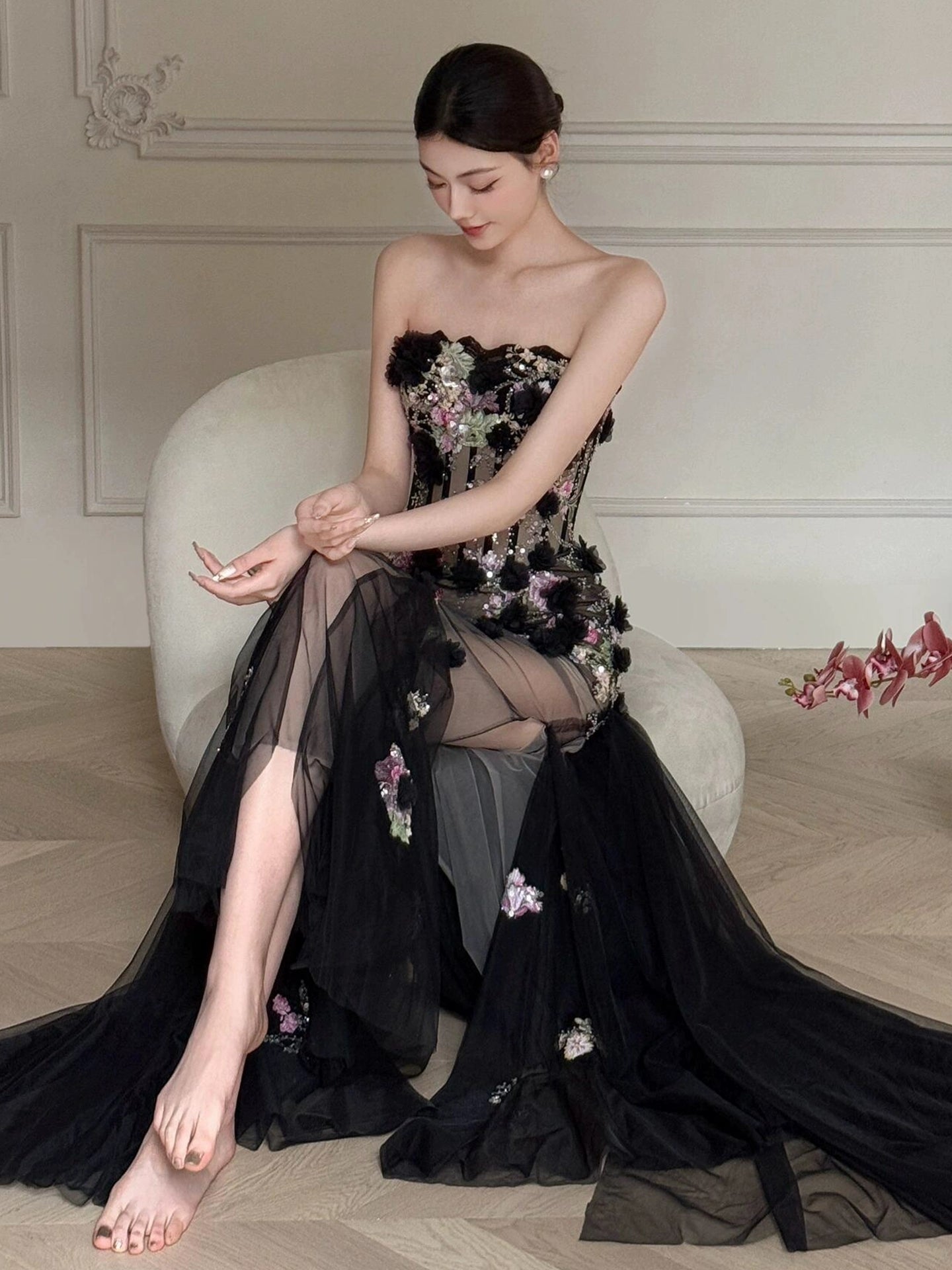 Black Long Prom Dress With Flowers Formal Evening Party Dress Birthday Outfit - VelvetHem